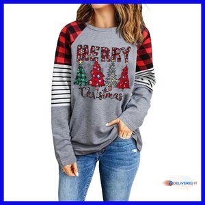 Plus Size Long Sleeve Christmas Tree Tee Holiday Graphic Top Women's